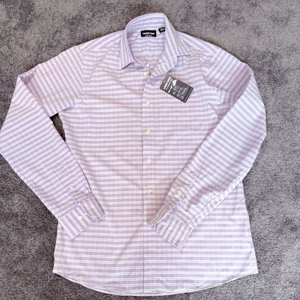 NWT Lands' End Lavender Plaid Mens Dress Shirt
Size Medium Neck 15-15.5
